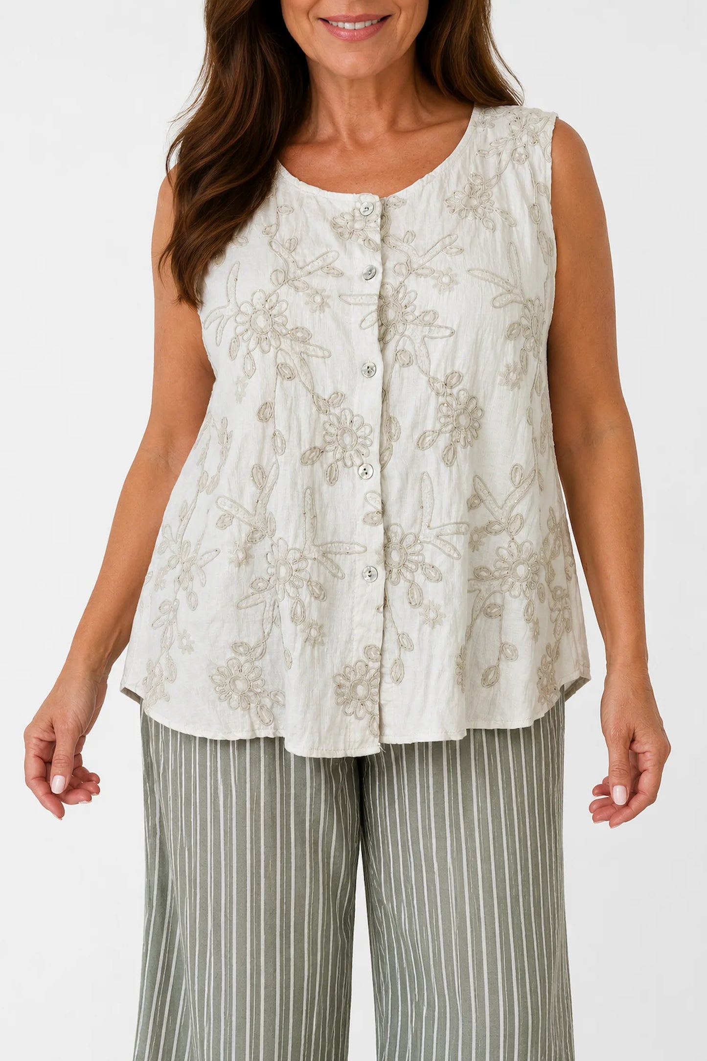 Embroidery Anglaise Golden Sequin Valentina Button Sleeveless Top - Stone