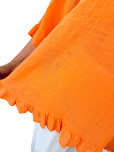 Pure Cotton Linen Look Frill Top - Orange