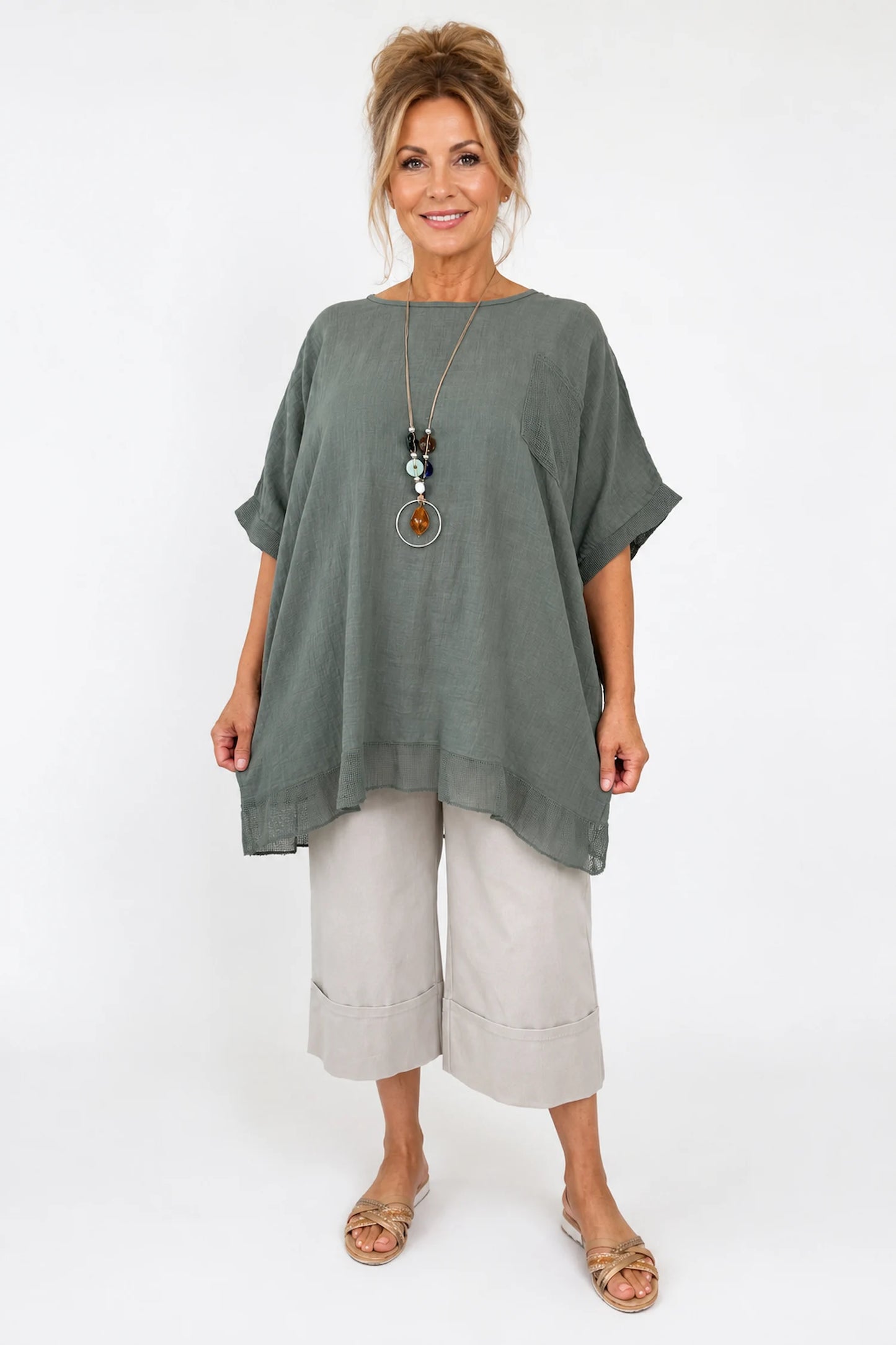 Pure Cotton Mesh Detail Pocketed Portofino Necklace Top - Khaki