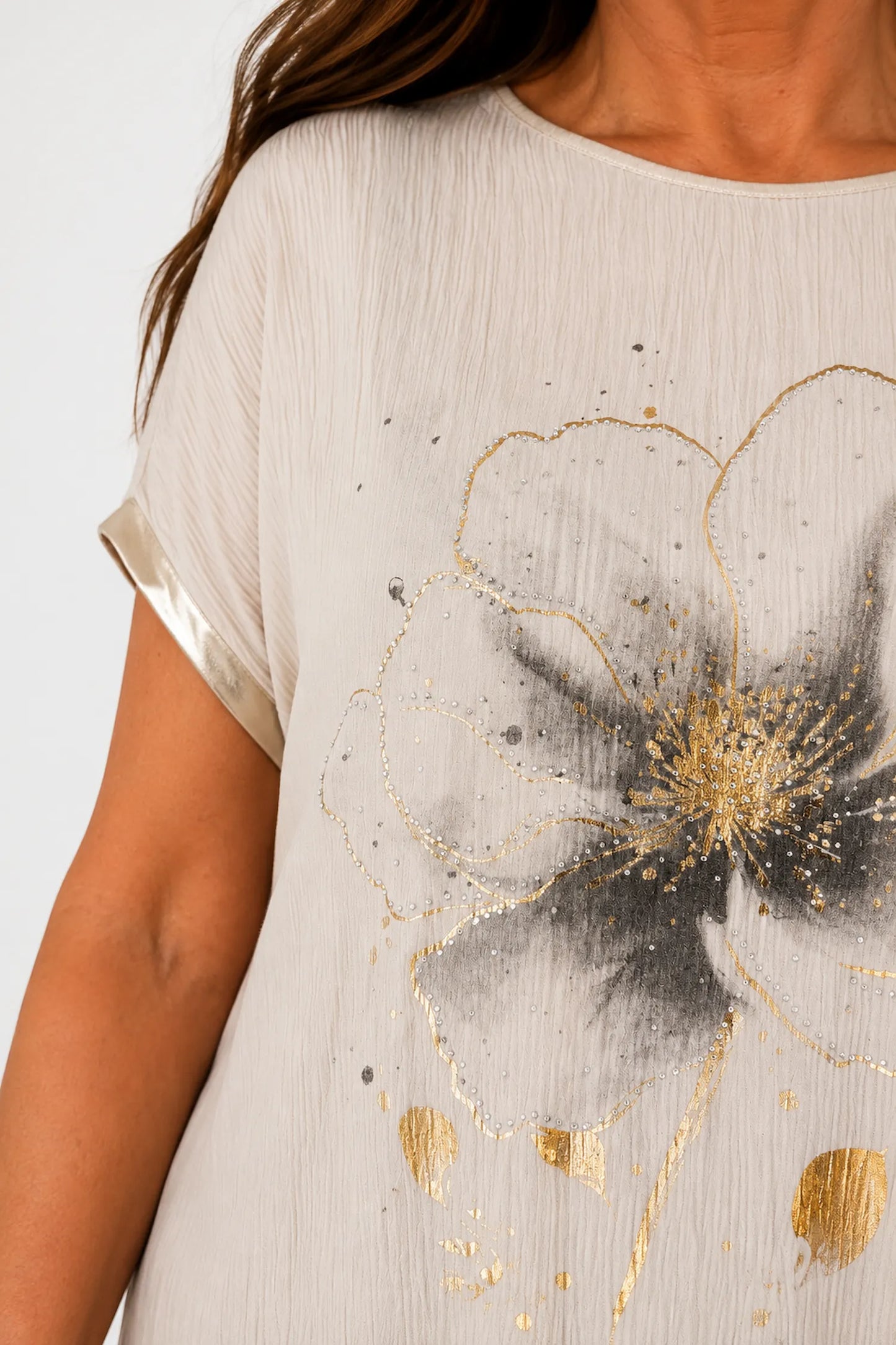 Lightly Textured Golden Diamanté Clover Gold Trim Diana Top - Beige
