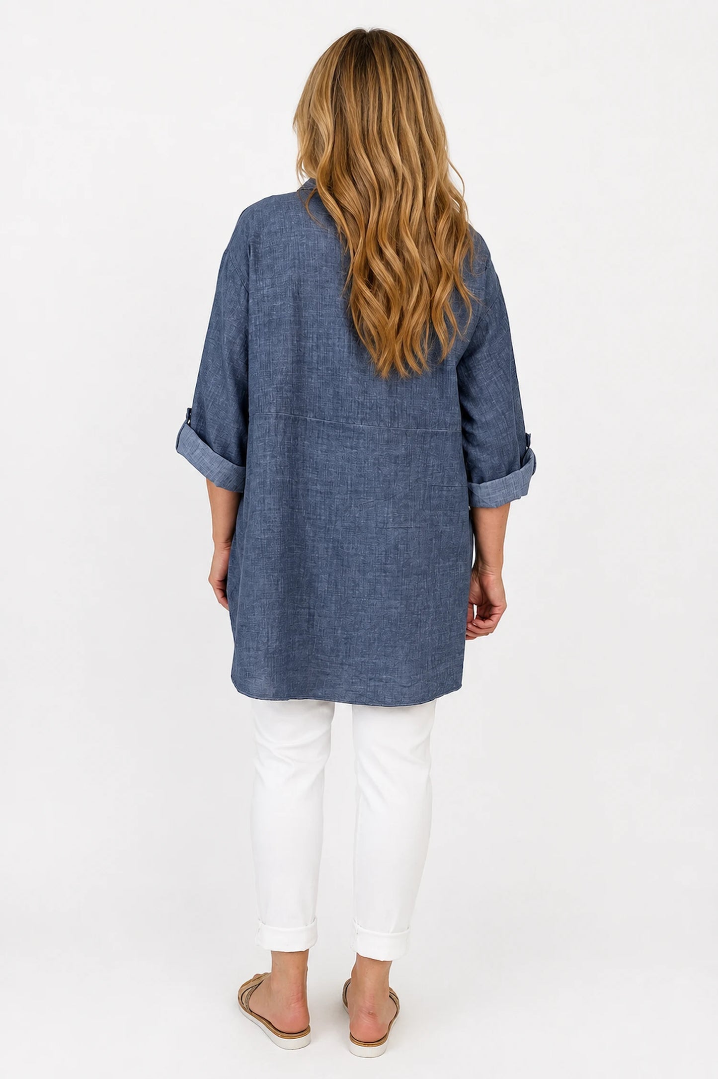 Linen Cotton Blend Button Sleeve Monica Button Shirt - Washed Denim