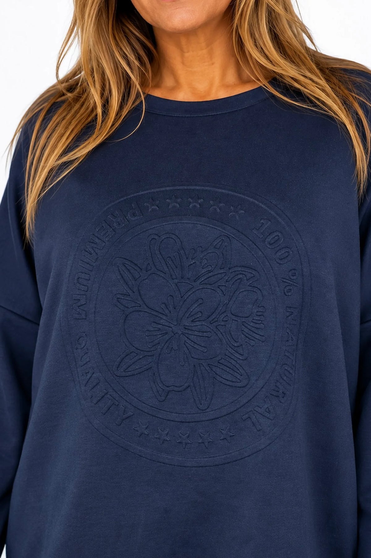 Embossed Clover Drawstring Hem Ambriella Top - Navy