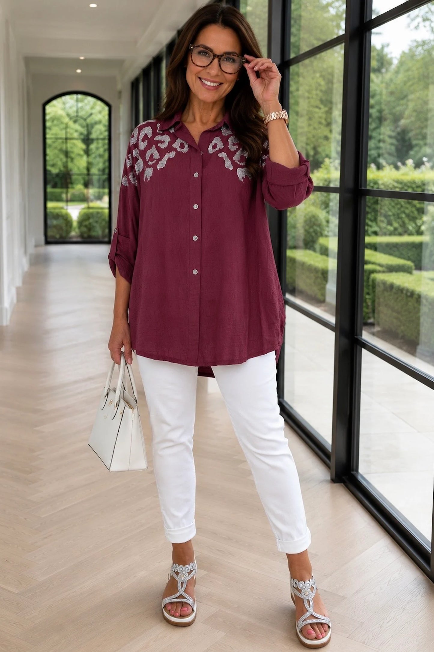 Premium Stitch Diamanté Button Sleeve Michaela Shirt - Italia Wine