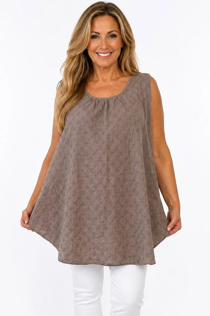 Pure Cotton Embroidery Anglaise Mica Vest - Mocha