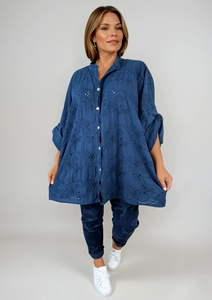 Cotton Oversized Embroidery Anglaise Button Sleeve Shirt - Navy