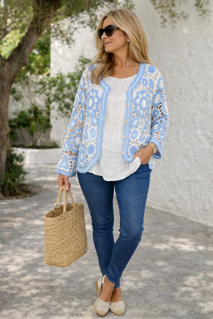 Cotton Angela Crochet Button Cardigan - Baby Blue