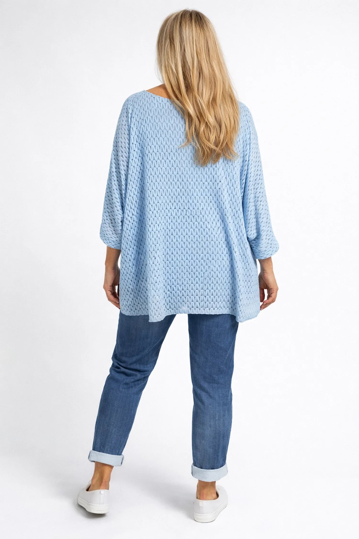 Fully Lined Marcella Batwing Crochet Necklace Top - Baby Blue