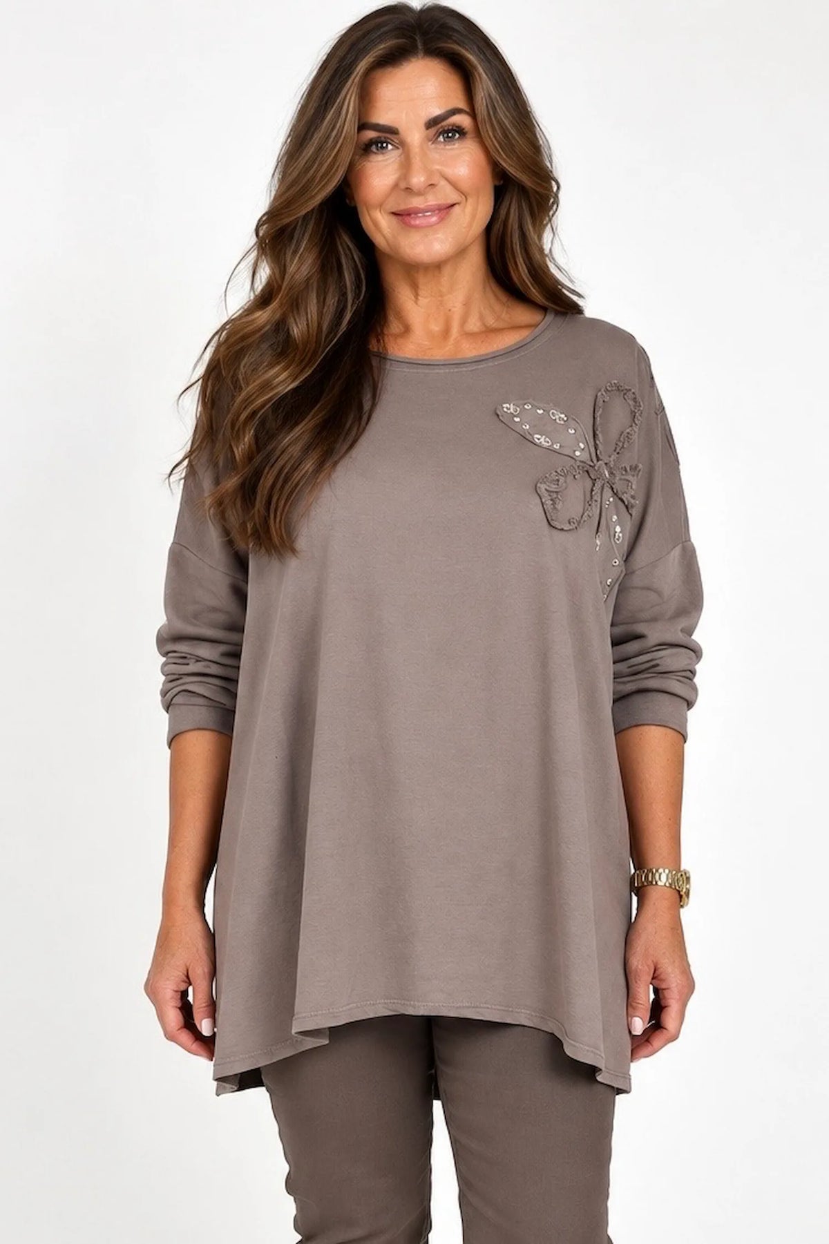 Cotton Emalise Frayed Edge Floral Top - Mocha