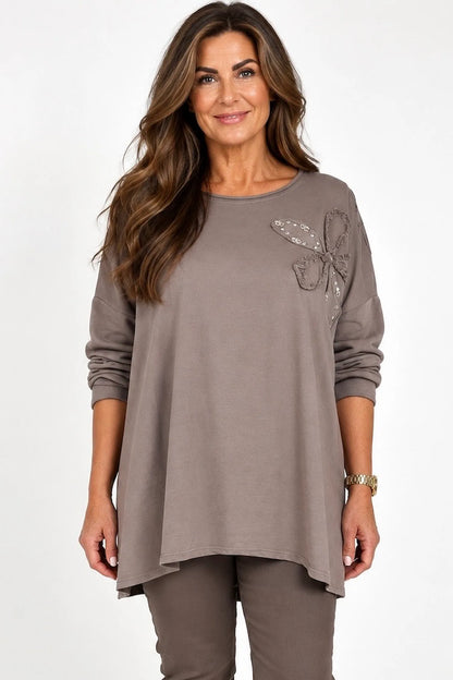 Cotton Emalise Frayed Edge Floral Top - Mocha