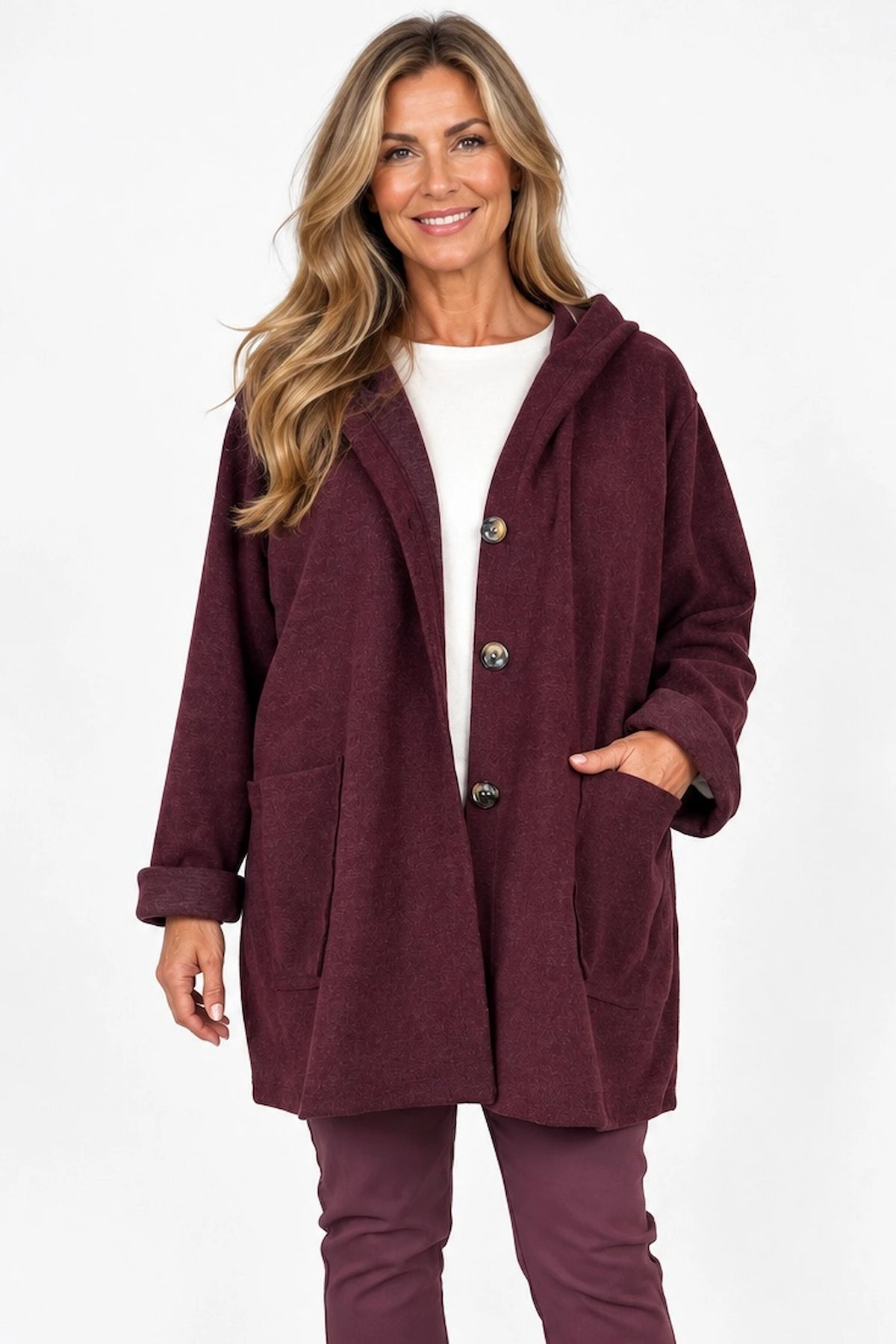 Wool Mix Brushed Double Patch Pocket Italia Button Hooded Coat - Italia Wine