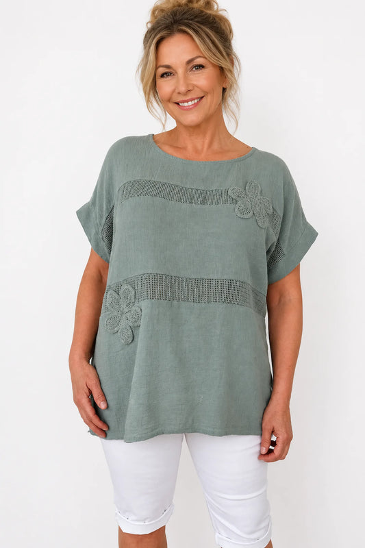 Pure Cotton Embroidered Flower Mesh Detail Capari Top - Khaki
