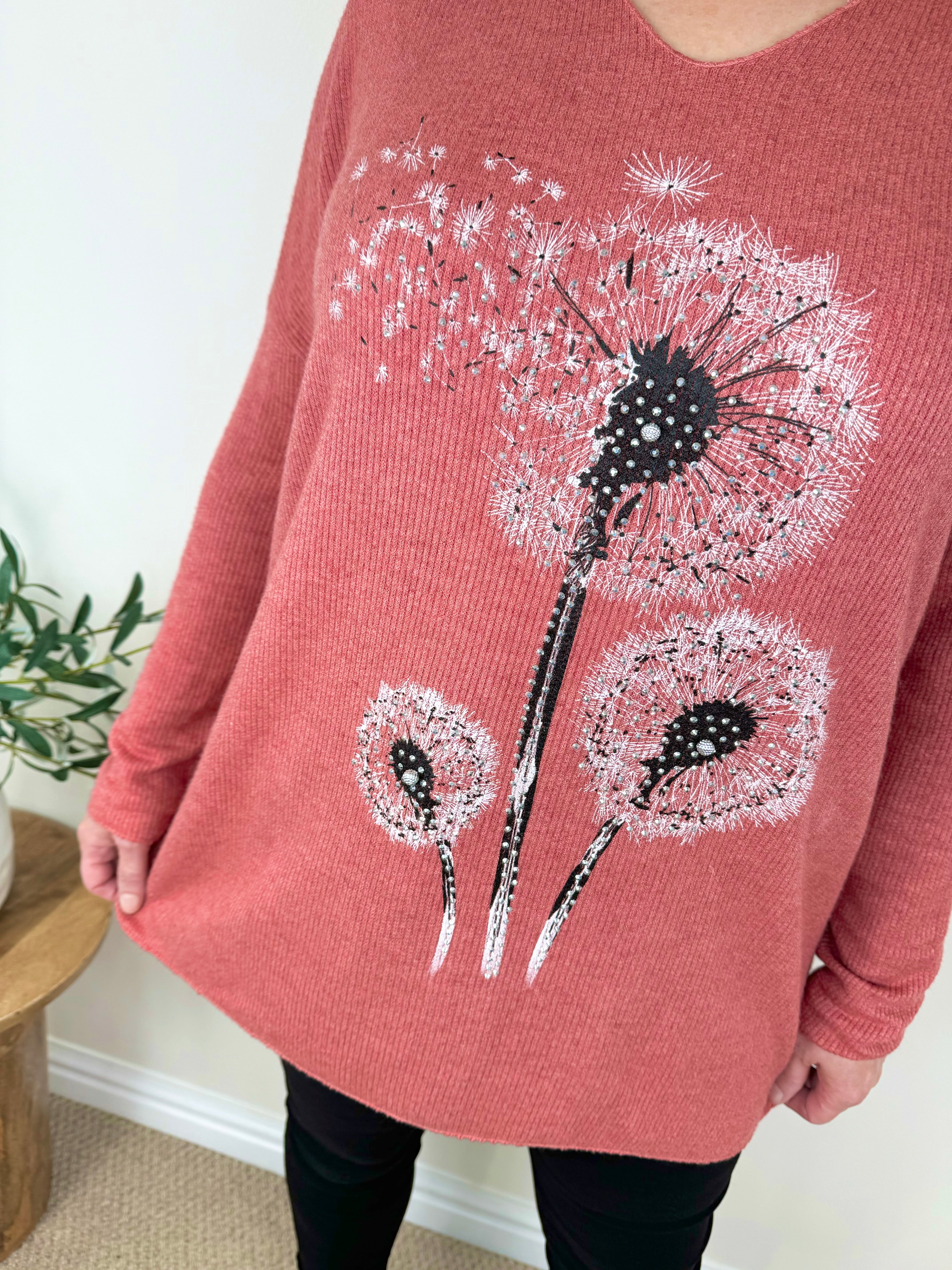 Wool Mix Diamanté Dandelion Ribbed Knit Top AW24