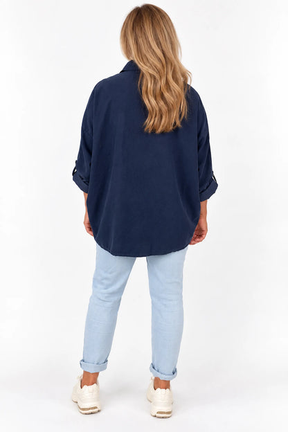 Pure Cotton Needlecord Button Sleeve Milan Button Shirt - Navy