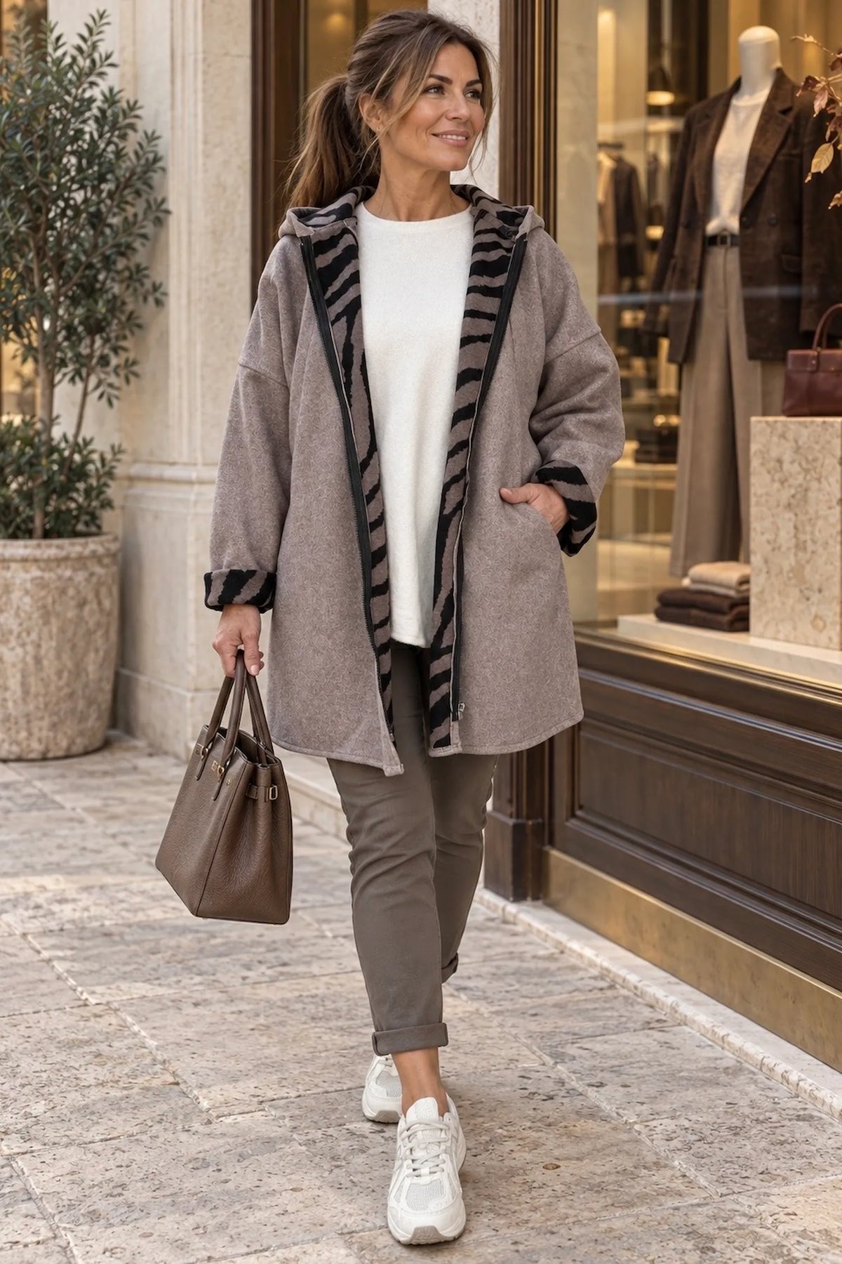 Double Pocket Zipped Contrast Animal Print Lined Valentina Brushed Hooded Coat - Mocha