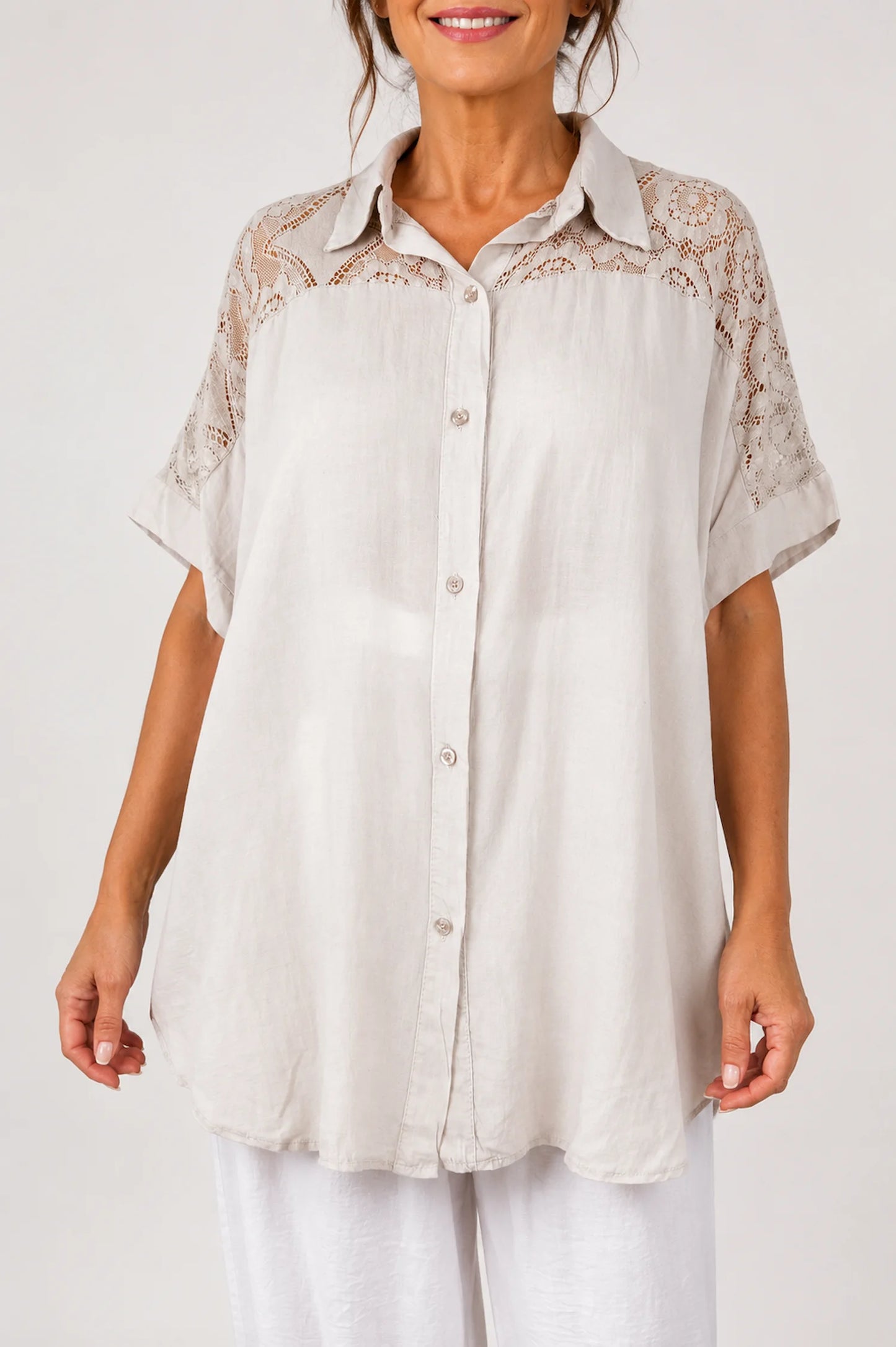 Lace Crochet Shoulder Alexandra Button Shirt - Beige