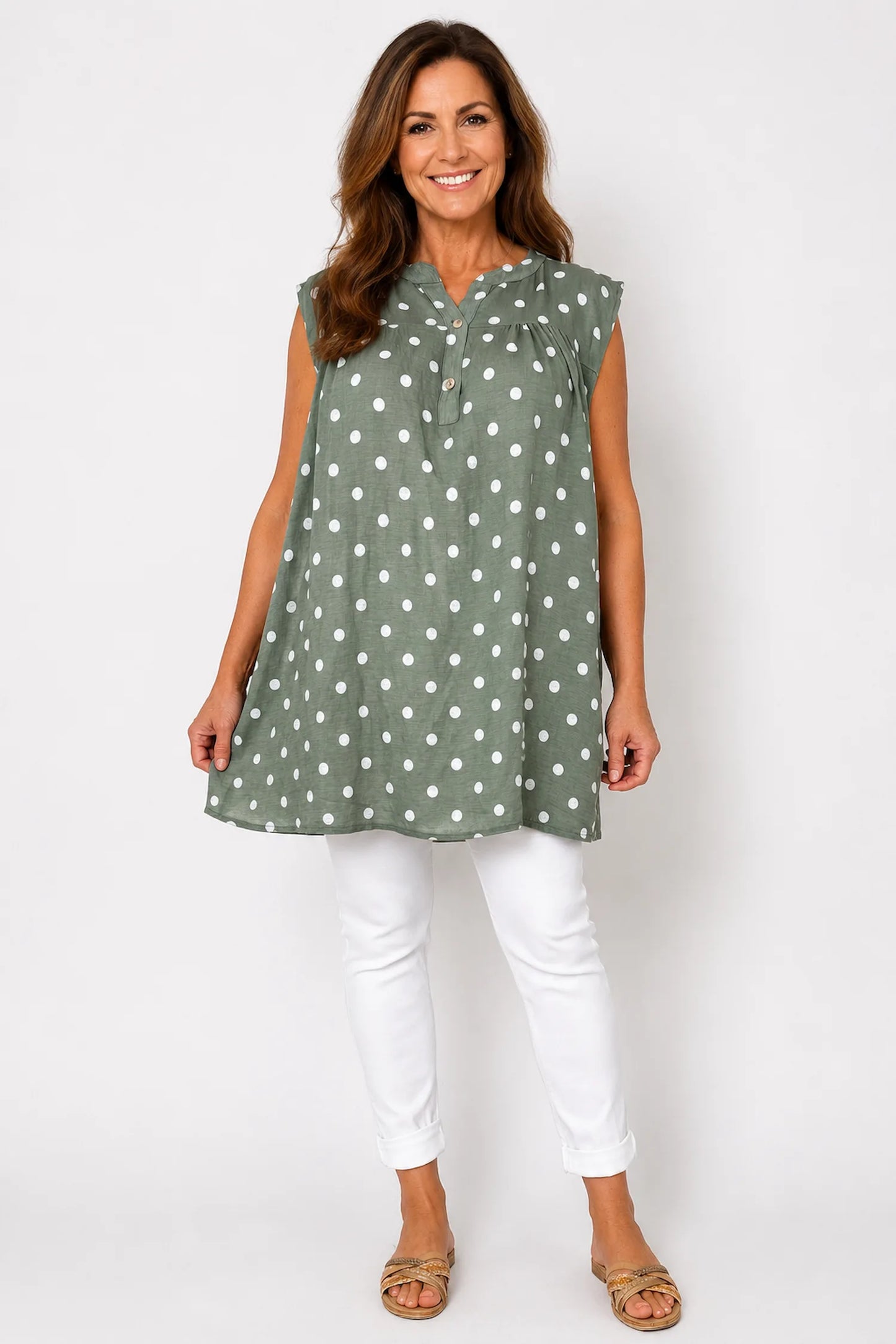 Polka Dot Valentina Button Cap Sleeve Top - Khaki