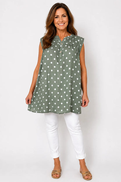 Polka Dot Valentina Button Cap Sleeve Top - Khaki