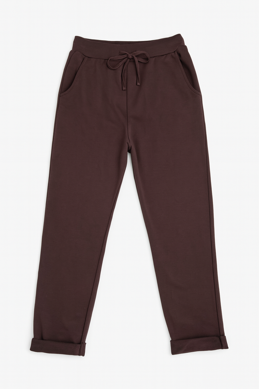 Cotton Italia Drawstring Elasticated Waist Double Pocket Joggers - Chocolate