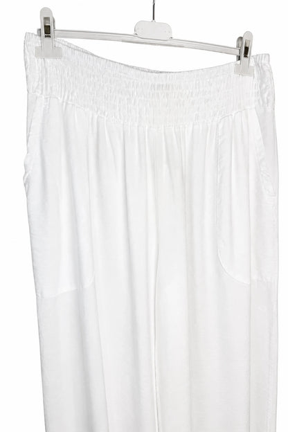 Elasticated Smocked Waist Patch Pocket Milan Wide Leg Pants - White