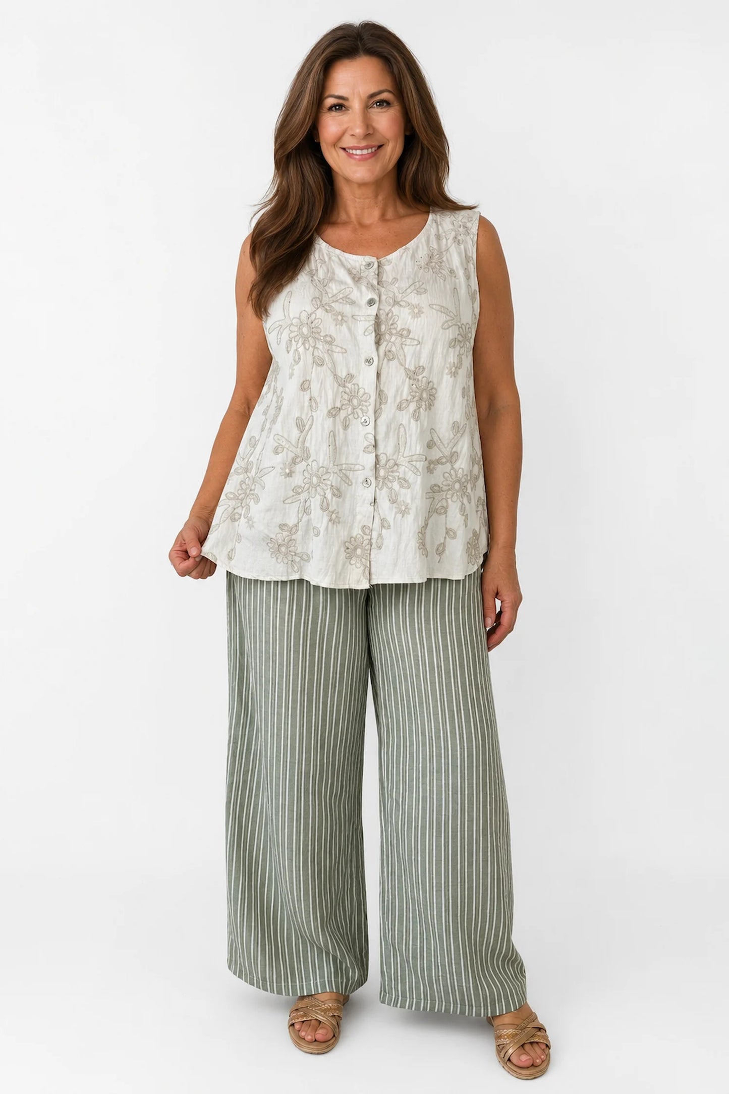 Embroidery Anglaise Golden Sequin Valentina Button Sleeveless Top - Stone