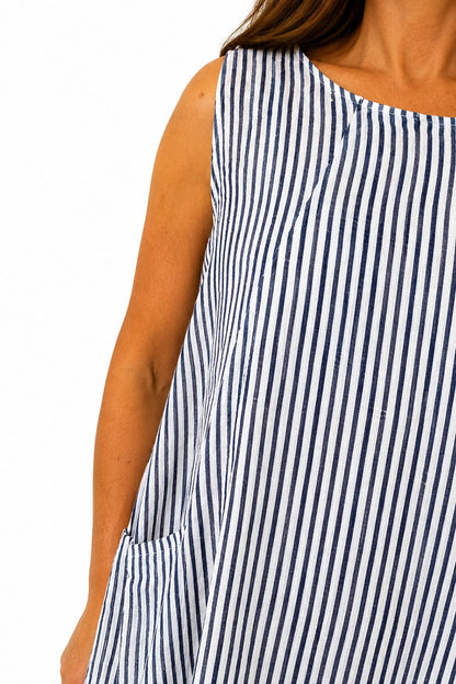 Cotton Double Pocket Pinstripe Elizabeth Dress - White