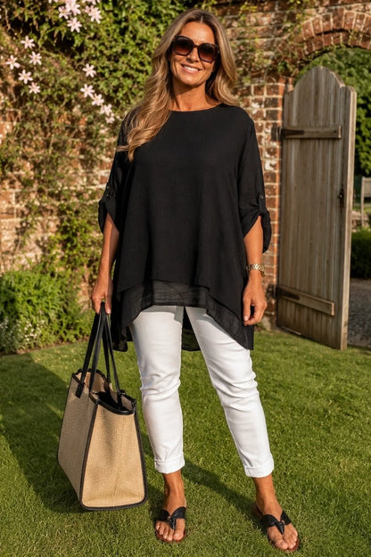 Fully Lined Rosa Button Sleeve Top - Black