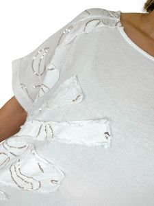 Linen Mix Sequin Draw String Detail Villa Top - White
