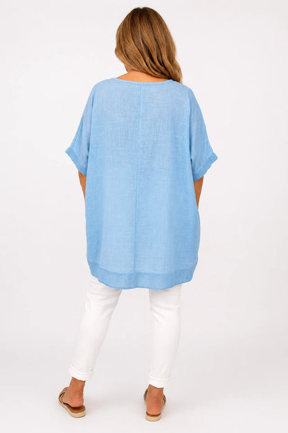 Pure Cotton Mesh Detail Pocketed Portofino Necklace Top - Baby Blue