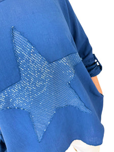 Cotton Sparkle Star Siana Button Sleeve Batwing Top - Navy