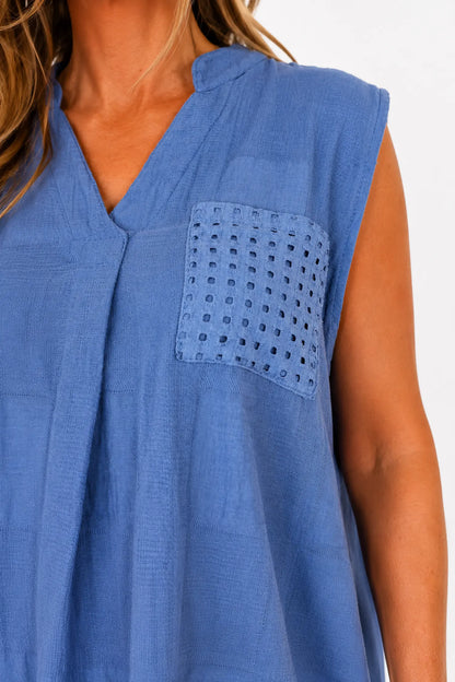 Pure Cotton Mesh Detail Rosetta Pocket Cap Sleeve Top - Denim