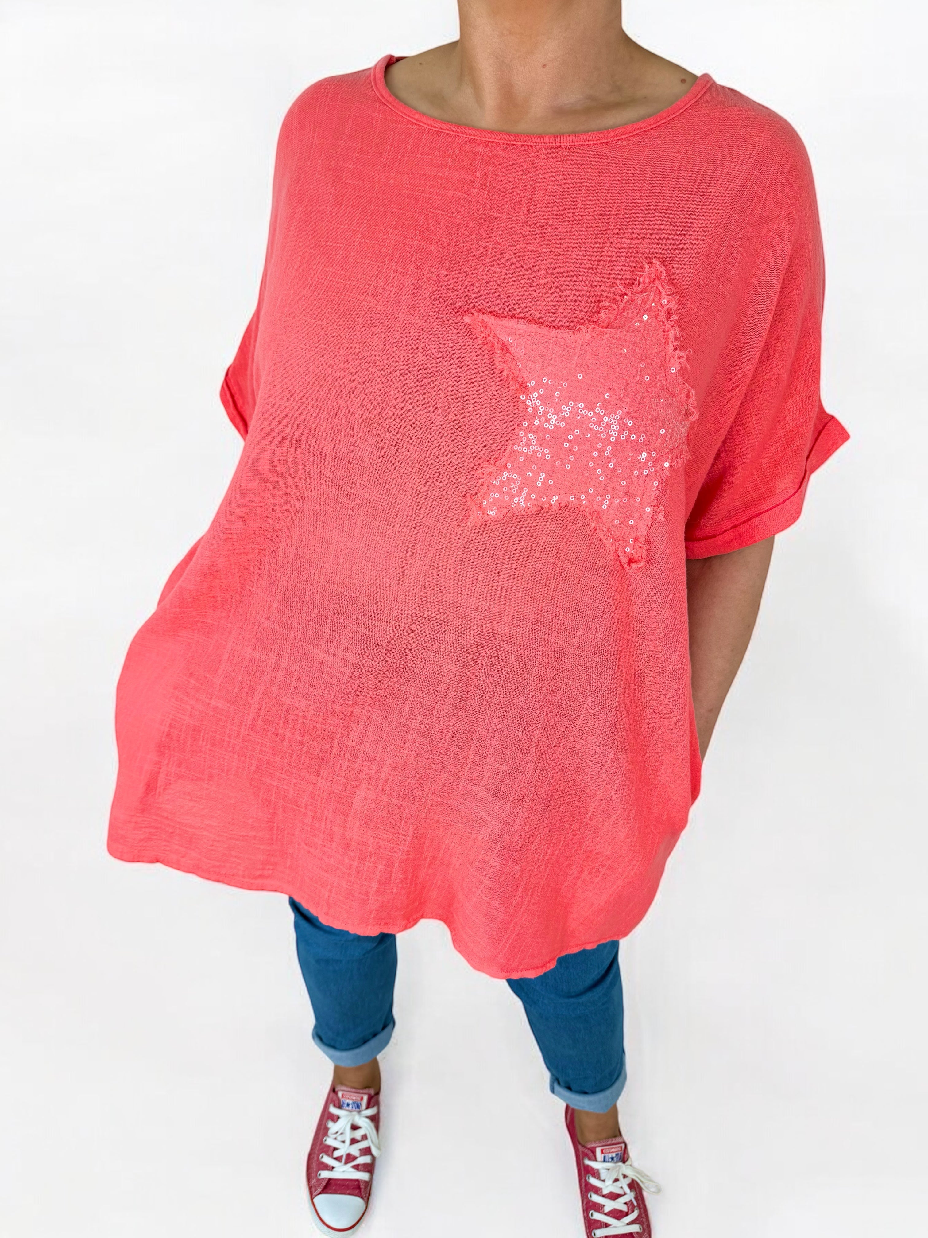 Pure Cotton Double Pocket Siana Sparkle Star Top - Coral