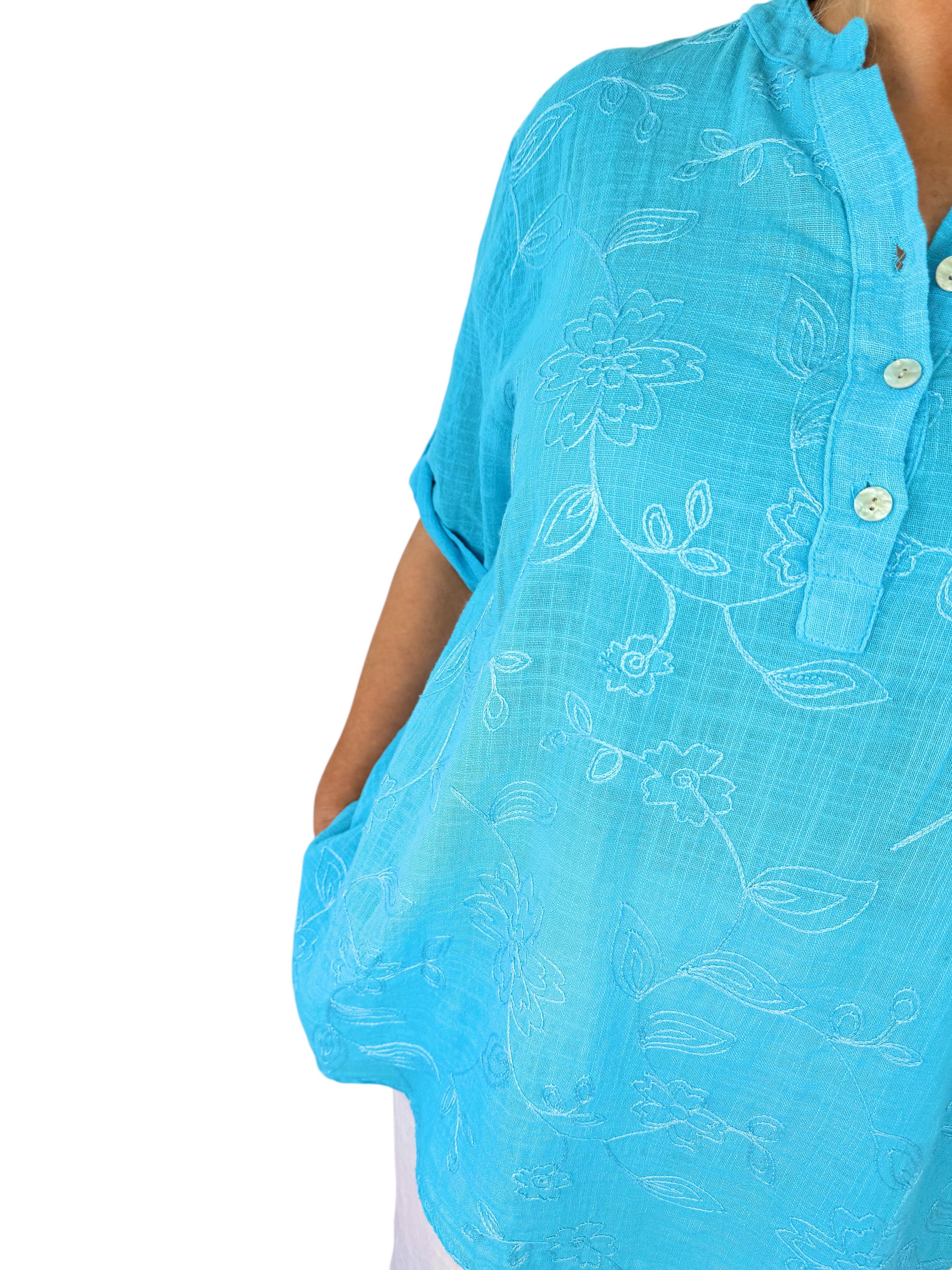 Pure Cotton Embroidery Anglaise Button Sleeve Elara Shirt - Turquoise