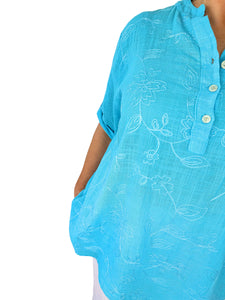 Pure Cotton Embroidery Anglaise Button Sleeve Elara Shirt - Turquoise