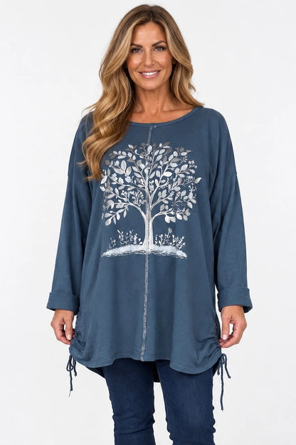 Cotton Diamanté Florence Tree Pocket Detail Tied Side Top - Denim