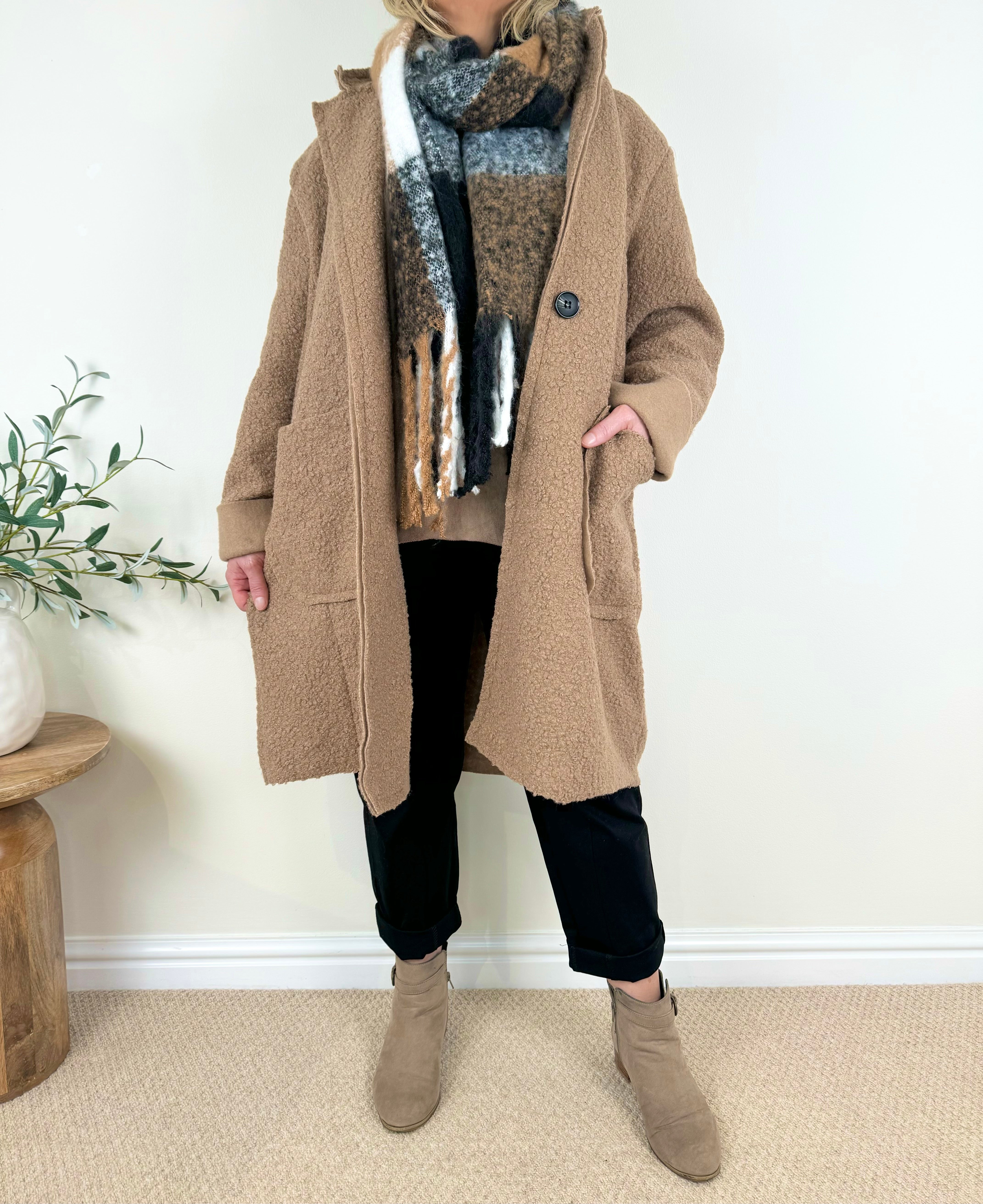 Wool Mix Long Line Double Pocket Teddy Button Coat AW24