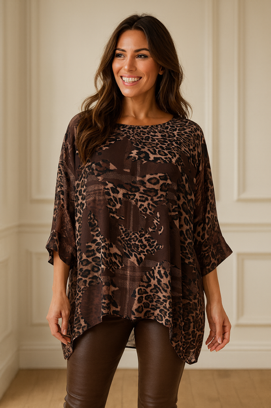 Fully Batwing Lined Faricia Leopard Chiffon - Chocolate