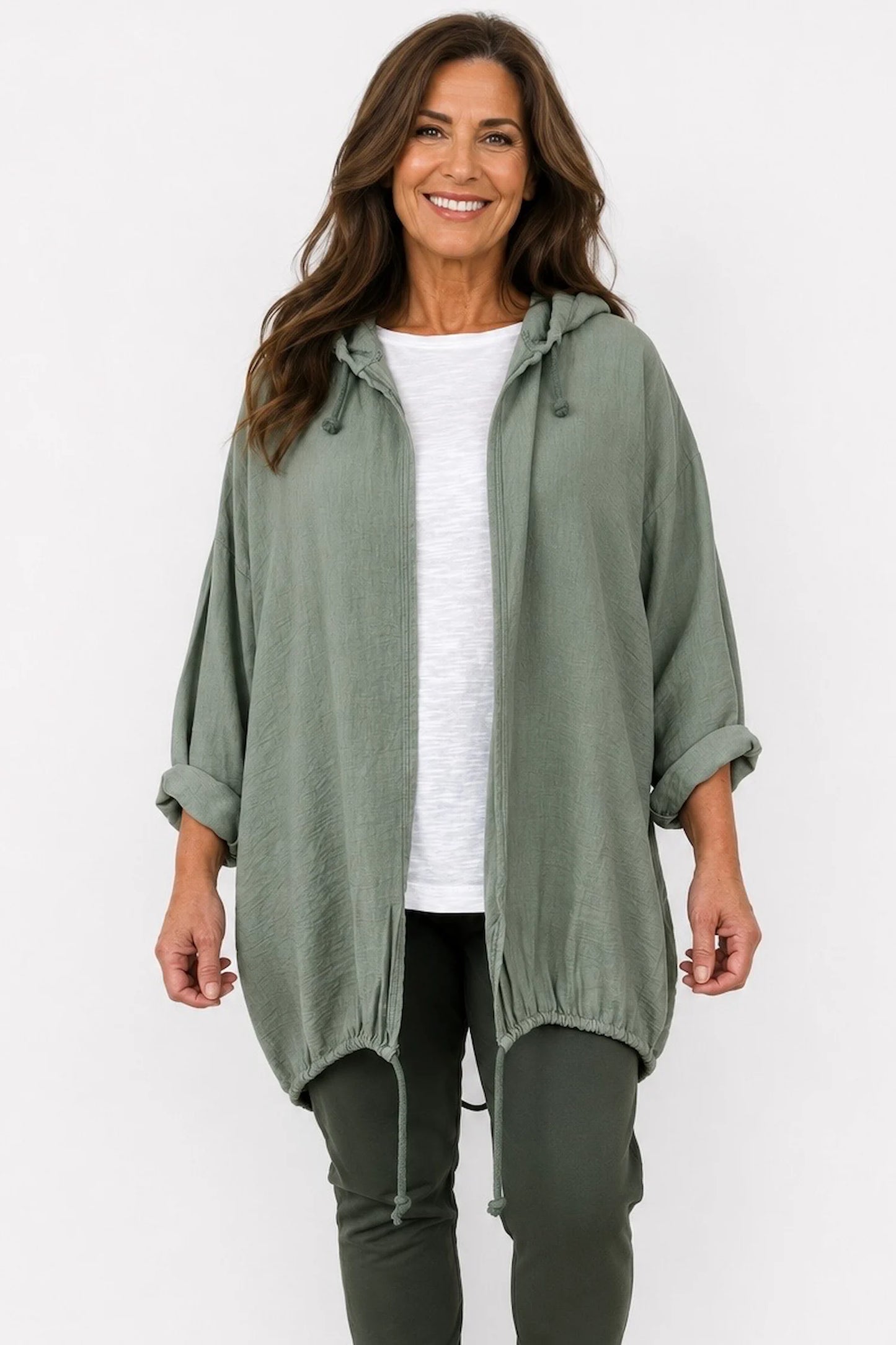 Drawstring Hem Lightweight Hooded Amirella Jacket - Sage