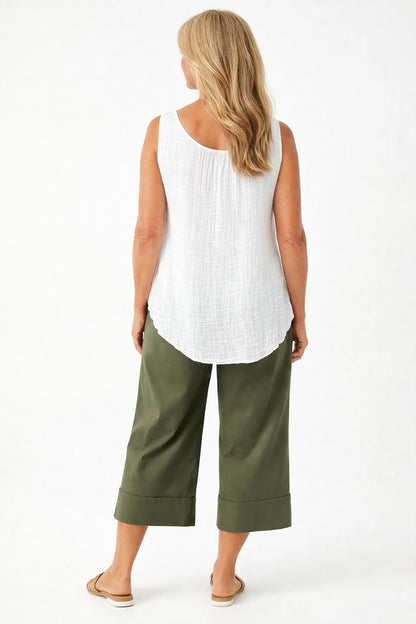 Stretch Wide Leg Capri Double Pocket Cuff Trouser - Khaki