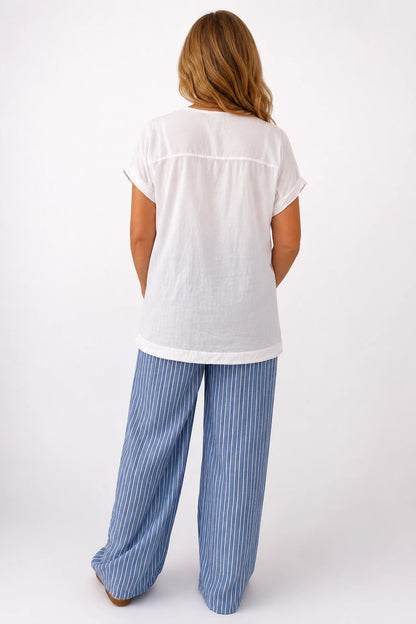 Cotton Drawstring Hem Embroidered Floral Marella Top - White