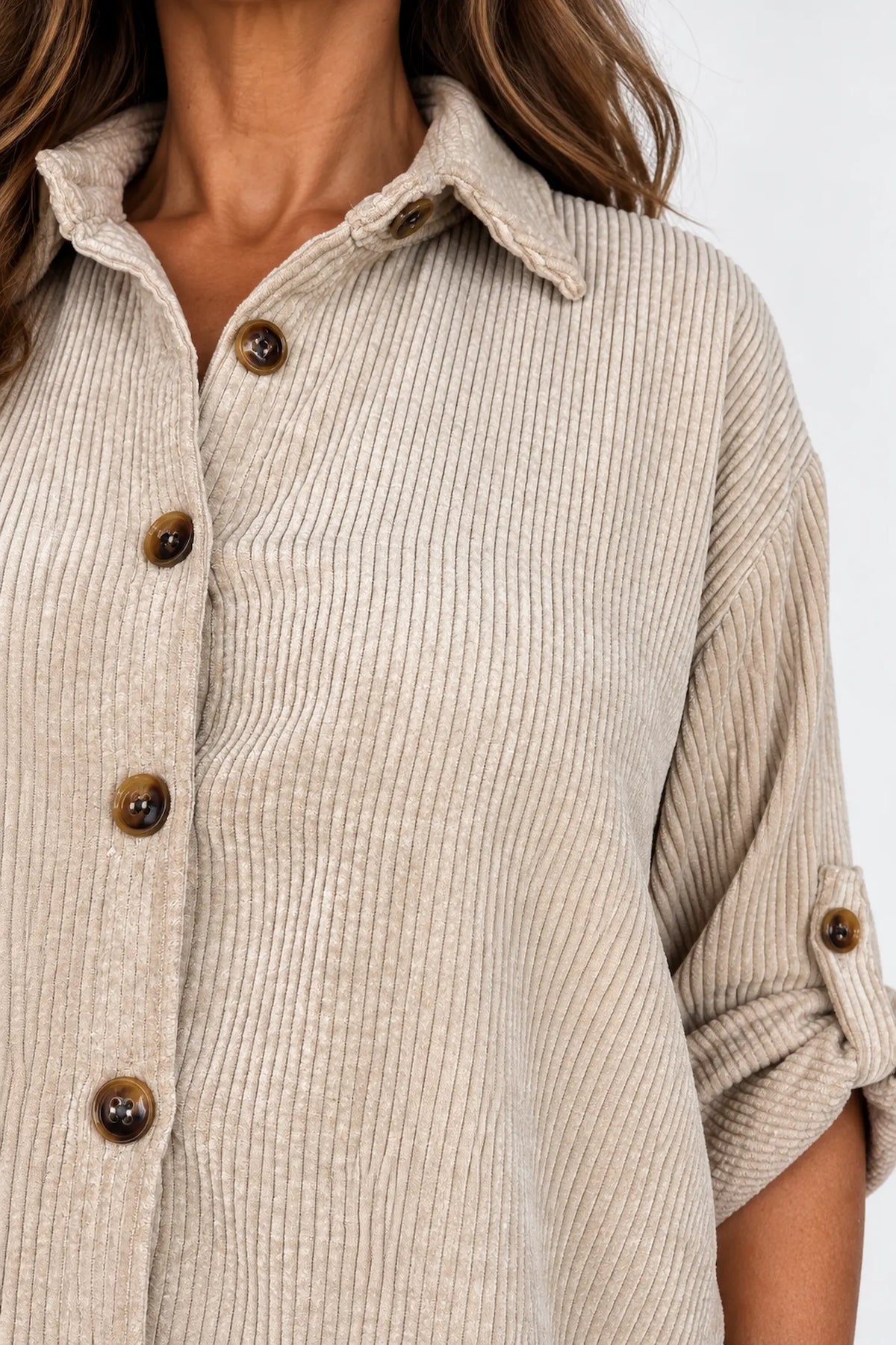 Button Sleeve Sicily Cord Button Shirt - Beige