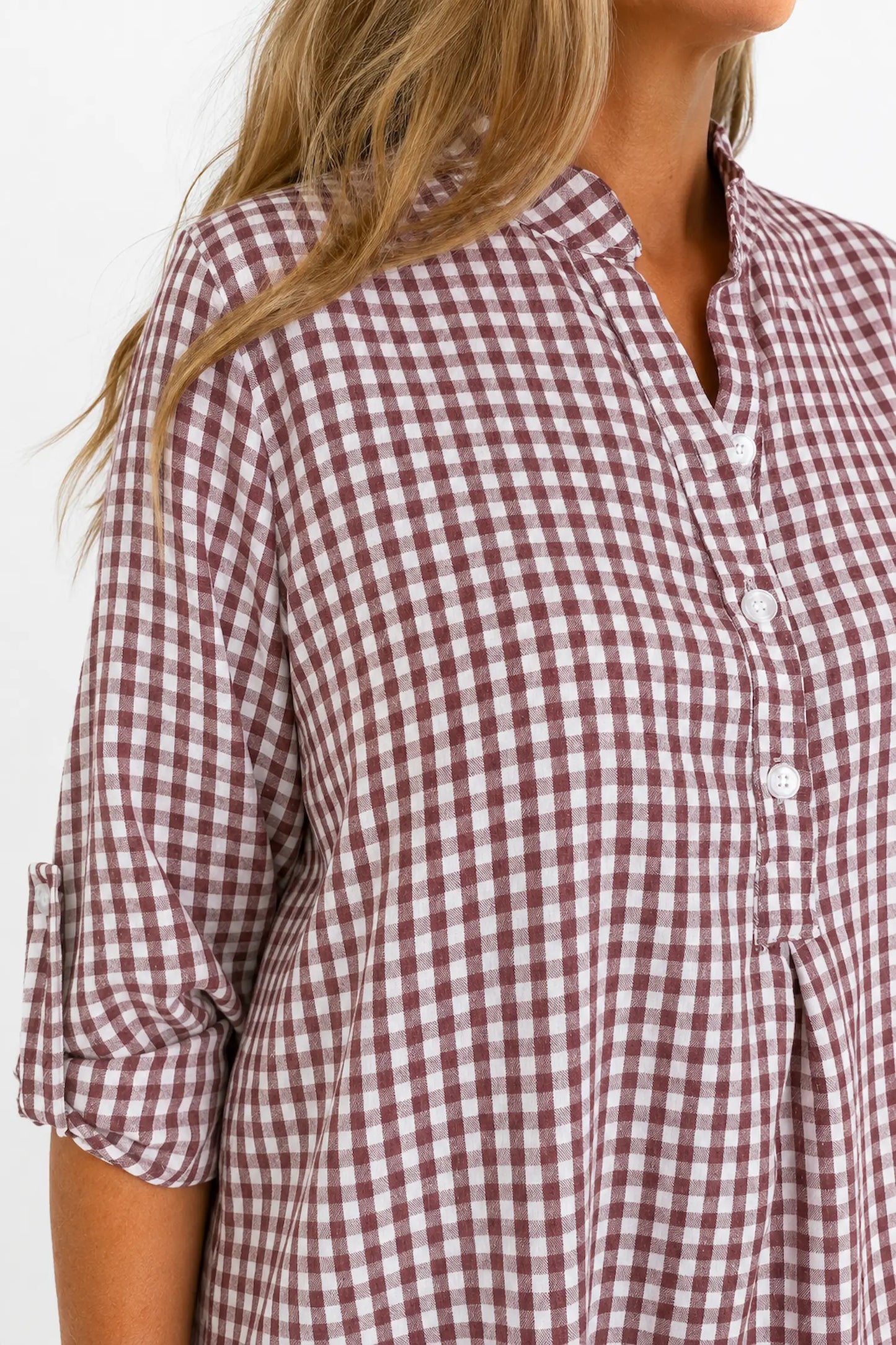 Gingham Button Sleeve Cruze Button Shirt - Wine