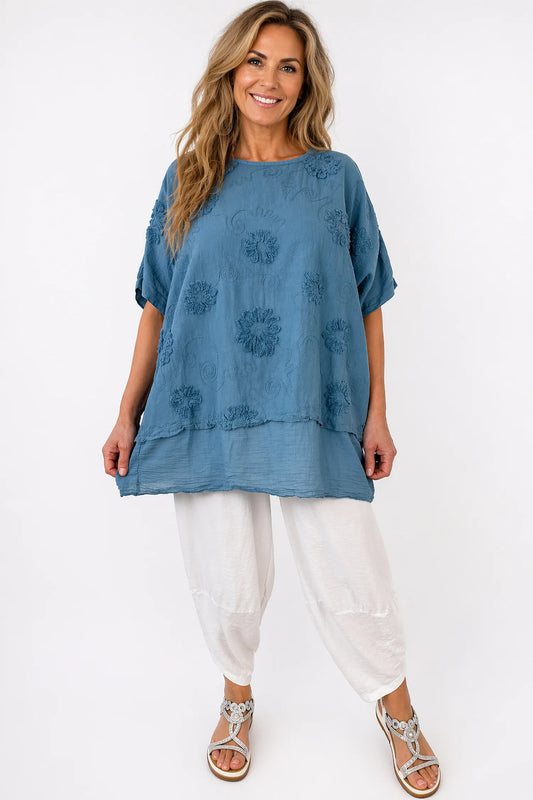 Pure Cotton Embroidered Floral Detail Positano Top - Denim