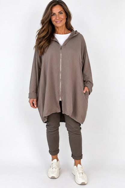 Cotton Double Pocket Kasi Zipped Hooded Jacket - Mocha