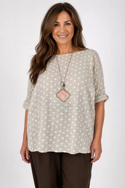 Pure Cotton Polka Dot Mari Necklace Top - Beige