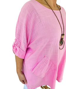 Pure Cotton Pocket Detail Button Sleeve Venice Necklace Top - Baby Pink