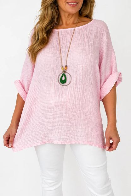 Lightweight Soft Crinkle Texture Lunae Necklace Top - Baby Pink