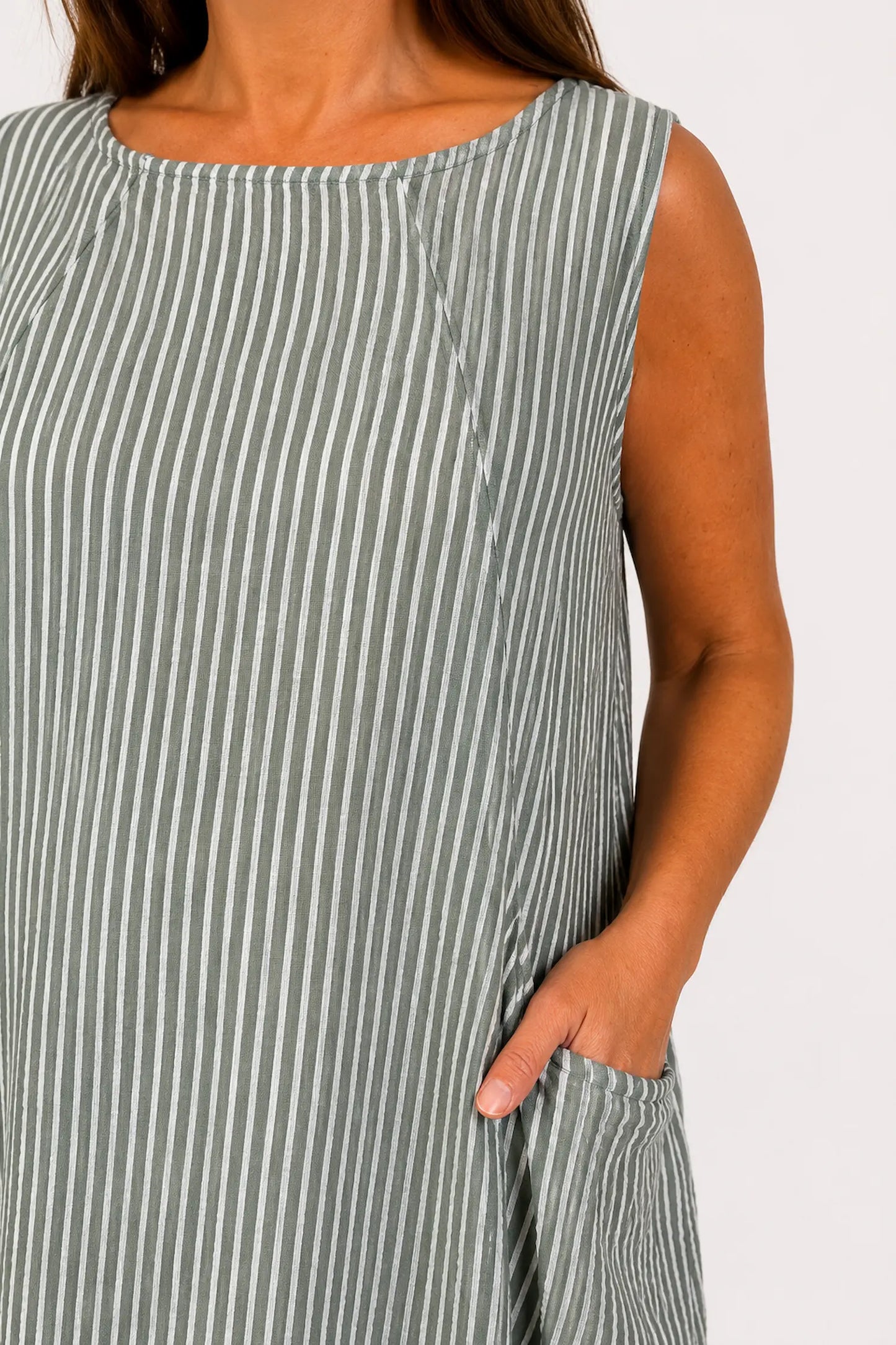 Cotton Double Pocket Pinstripe Elizabeth Dress - Khaki