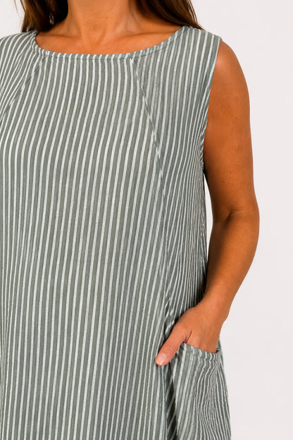 Cotton Double Pocket Pinstripe Elizabeth Dress - Khaki