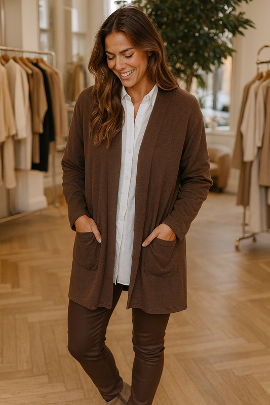 Soft Knit Double Pocket Sasia Cardigan - Chocolate