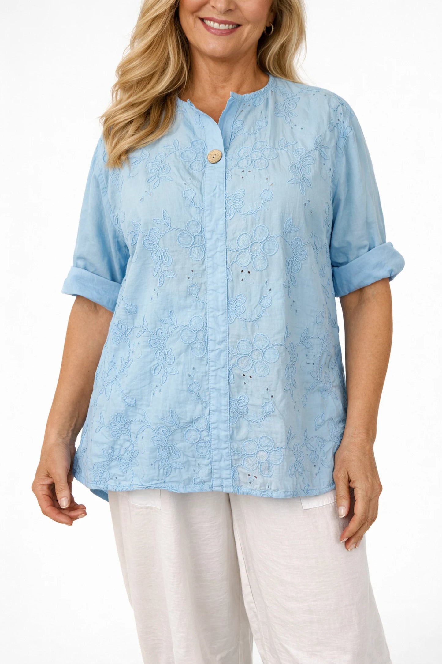 Pure Cotton Button Detail Embroidery Anglaise Firenze Shirt - Baby Blue